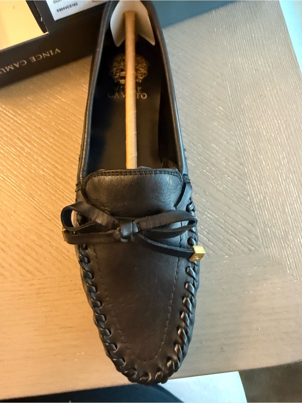 Vince Camuto Black Leather Women's Moccasin with Bow Accent